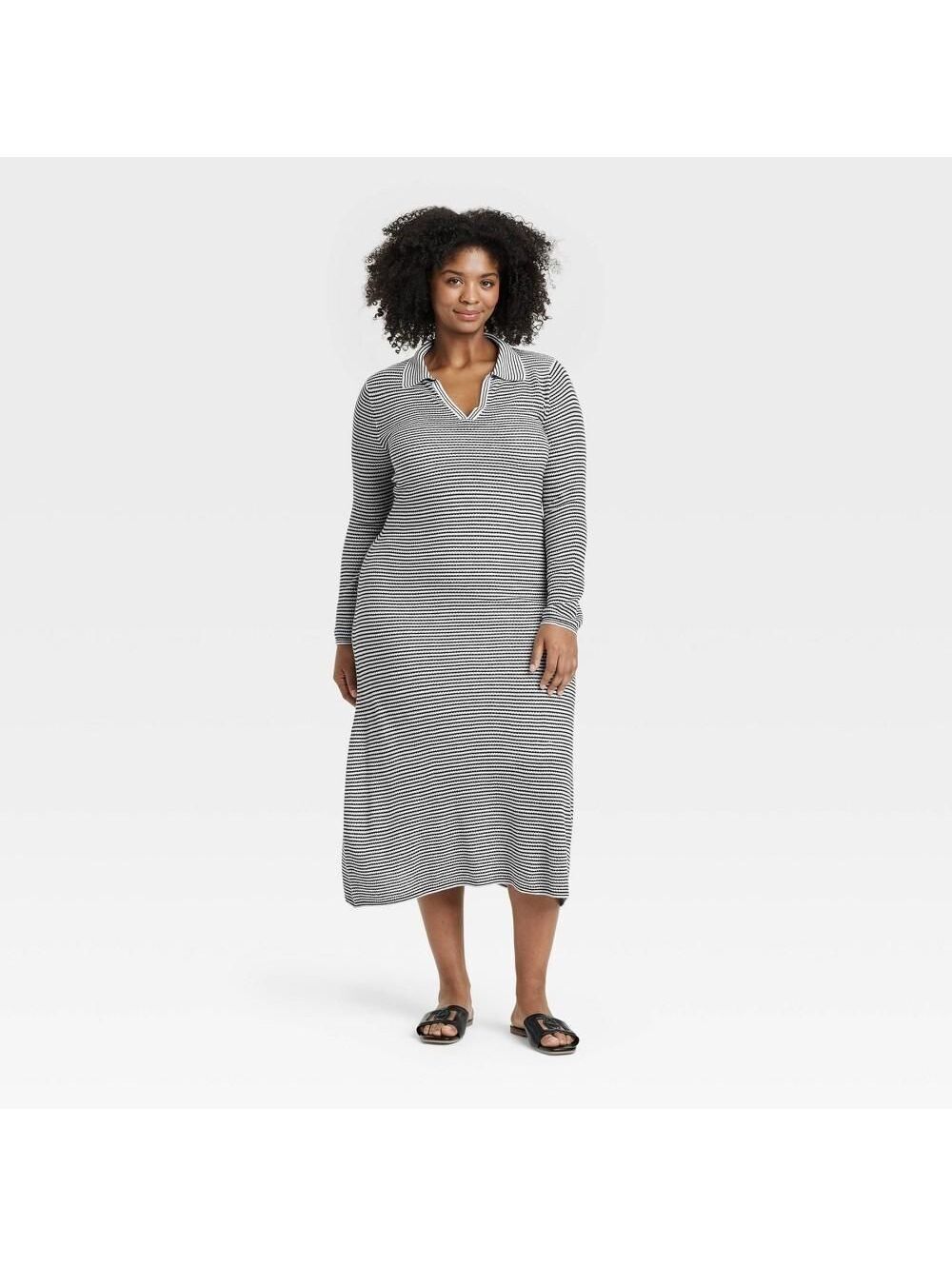 Women's Long Sleeve Maxi Sweater Dress - a New Day™ Black/Cream Striped XXL